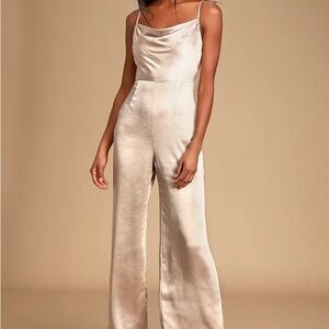 NWT Lulu’s Perfect Night Champagne Satin Cowl Neck Culotte Jumpsuit